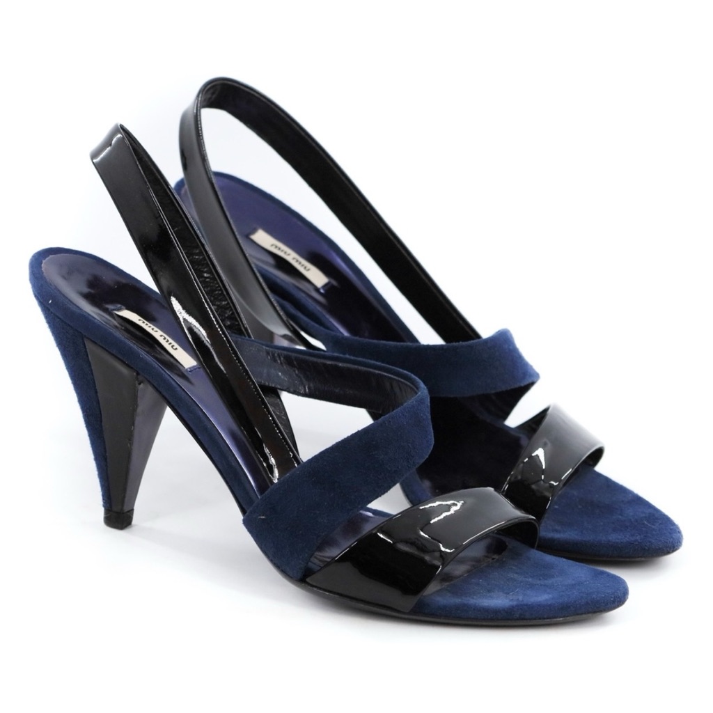 Miu Miu Navy Black Suede Patent Leather Slingback Sandals Heels 39.5